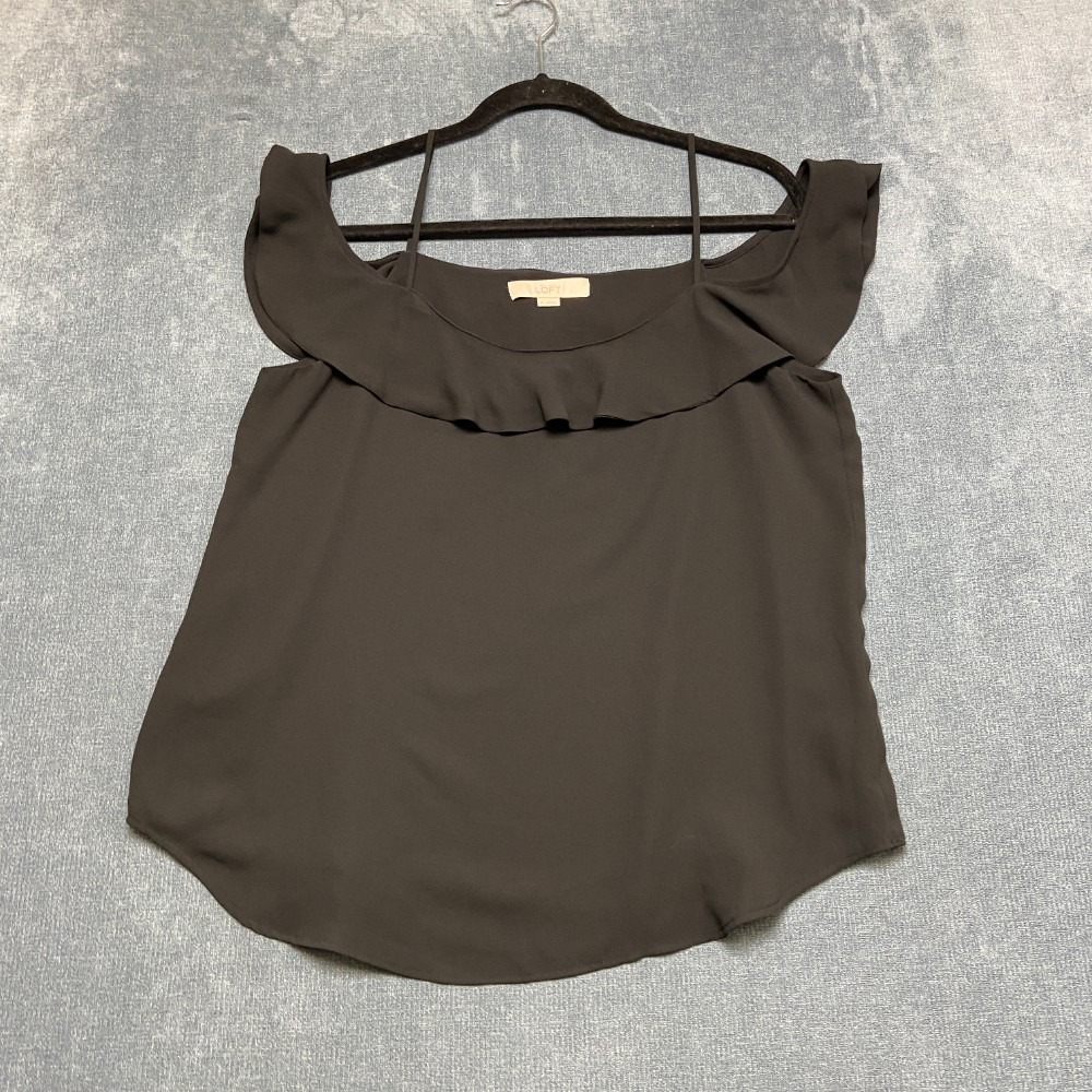 Ann Taylor Loft Blouse Top Womens M Black Ruffled Off Shoulder Spaghetti Straps